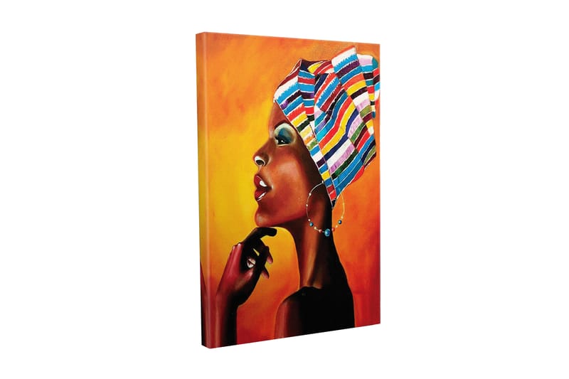 Canvas-taulu - Muotokuva naisesta, jolla on värikäs huivi ja vahva ilme, Oranssi / Musta / Sininen