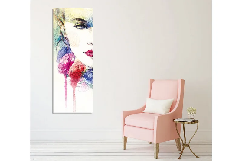 Canvas-taulu - Muotokuva naisesta, jonka kasvojen ympärillä on värikkäitä kukkia - Vaaleanpunainen / Sininen / Keltainen - Sisustustuotteet - Taulu & taide - Canvas-taulu