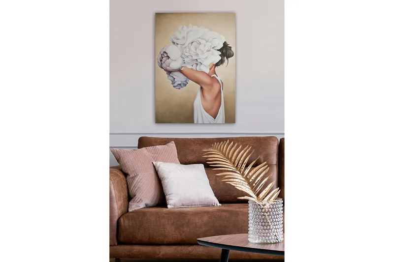Canvas-taulu - Muotokuva naisesta, jonka kasvot peittävät suuret, valkoiset kukat - Valkoinen / Beige / Ihonväri - Sisustustuotteet - Taulu & taide - Canvas-taulu