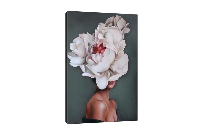 Canvas-taulu - Muotokuva naisesta, jonka päätä peittää suuri valkoisten pionien seppele, Valkoinen / Tummanvihreä / Vaaleanpunainen