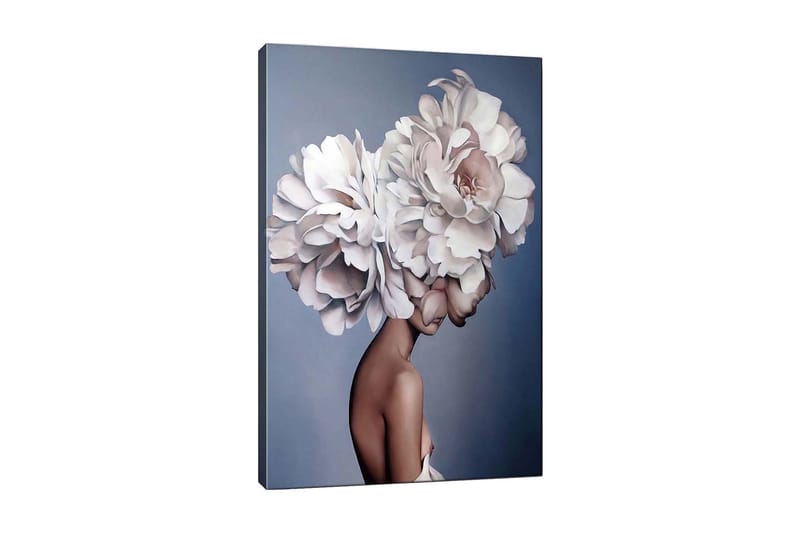 Canvas-taulu - Muotokuva naisesta, jonka pään koristeena on suuri kukkaseppele, Valkoinen / Vaaleanpunainen / Beige