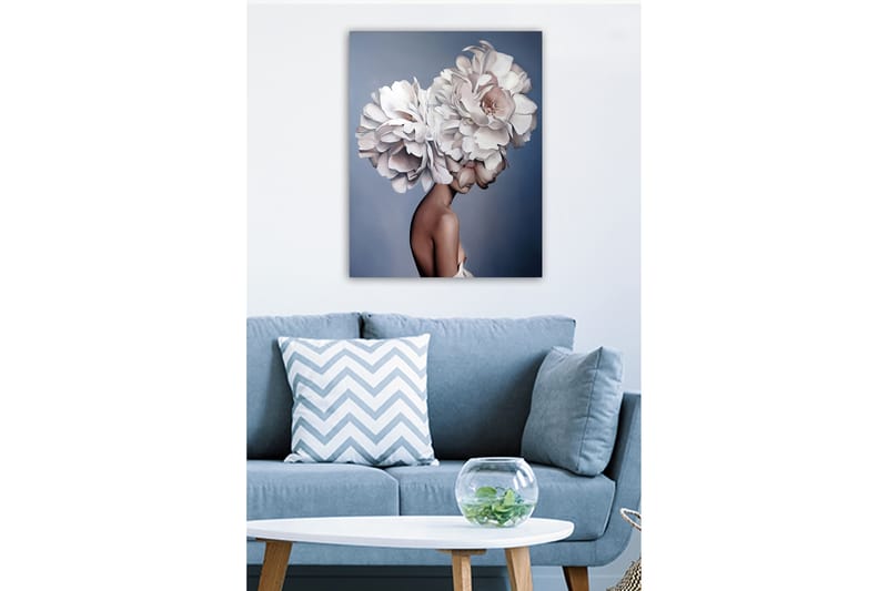 Canvas-taulu - Muotokuva naisesta, jonka pään koristeena on suuri kukkaseppele - Valkoinen / Vaaleanpunainen / Beige - Sisustustuotteet - Taulu & taide - Canvas-taulu