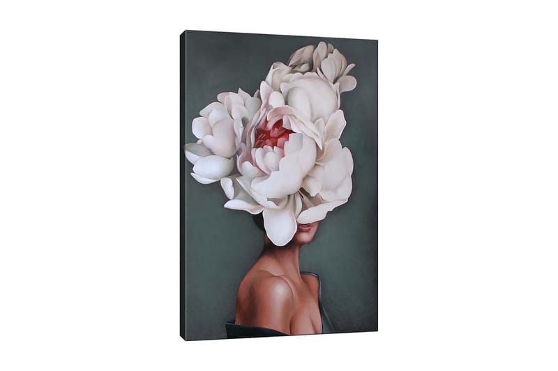 Canvas-taulu - Muotokuva naisesta, jonka päätä peittää suuri valkoisten pionien seppele, Valkoinen / Tummanvihreä / Vaaleanpunainen