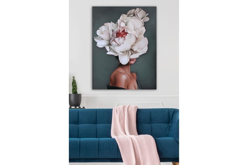 Canvas-taulu - Muotokuva naisesta, jonka päätä peittää suuri valkoisten pionien seppele - Valkoinen / Tummanvihreä / Vaaleanpunainen - Sisustustuotteet - Taulu & taide - Canvas-taulu