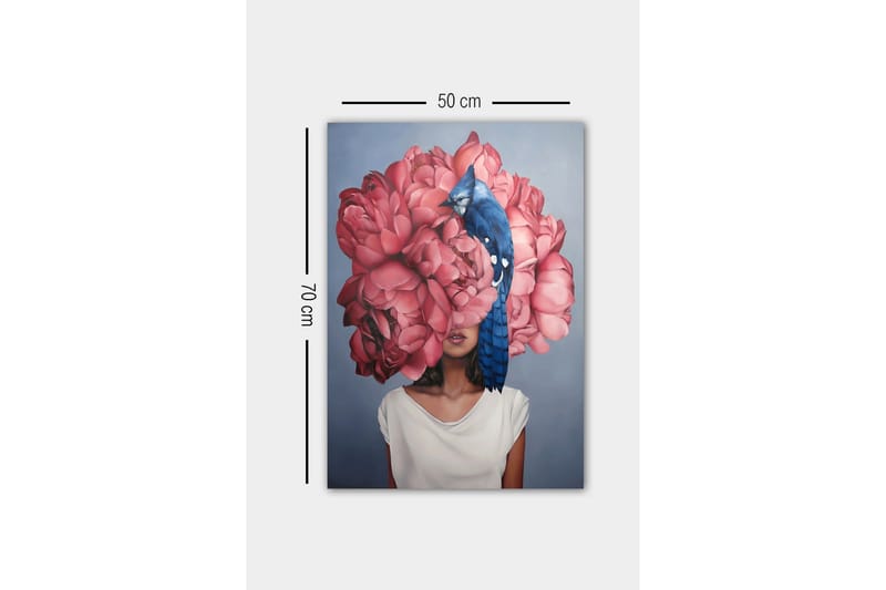 Canvas-taulu - Muotokuva naisesta, jonka pään päällä on suuri vaaleanpunaisten kukkien kimppu ja sininen lintu istuu kukkien päällä - Vaaleanpunainen / Sininen / Beige - Sisustustuotteet - Taulu & taide - Canvas-taulu