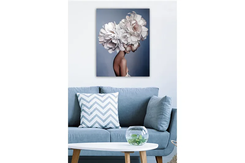 Canvas-taulu - Muotokuva naisesta, jonka pään koristeena on suuri kukkaseppele - Valkoinen / Vaaleanpunainen / Beige - Sisustustuotteet - Taulu & taide - Canvas-taulu