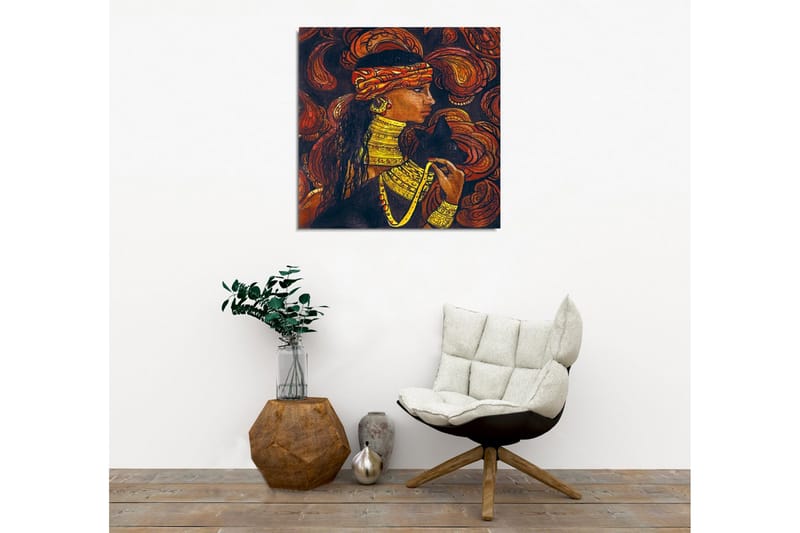 Canvas-taulu - Muotokuva naisesta korujen ja mustan kissan kanssa - Tummanruskea / Oranssi / Keltainen - Sisustustuotteet - Taulu & taide - Canvas-taulu