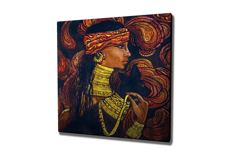 Canvas-taulu - Muotokuva naisesta korujen ja mustan kissan kanssa, Tummanruskea / Oranssi / Keltainen