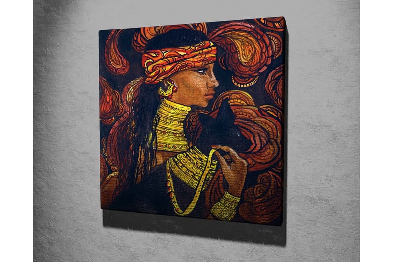 Canvas-taulu - Muotokuva naisesta korujen ja mustan kissan kanssa - Tummanruskea / Oranssi / Keltainen - Sisustustuotteet - Taulu & taide - Canvas-taulu