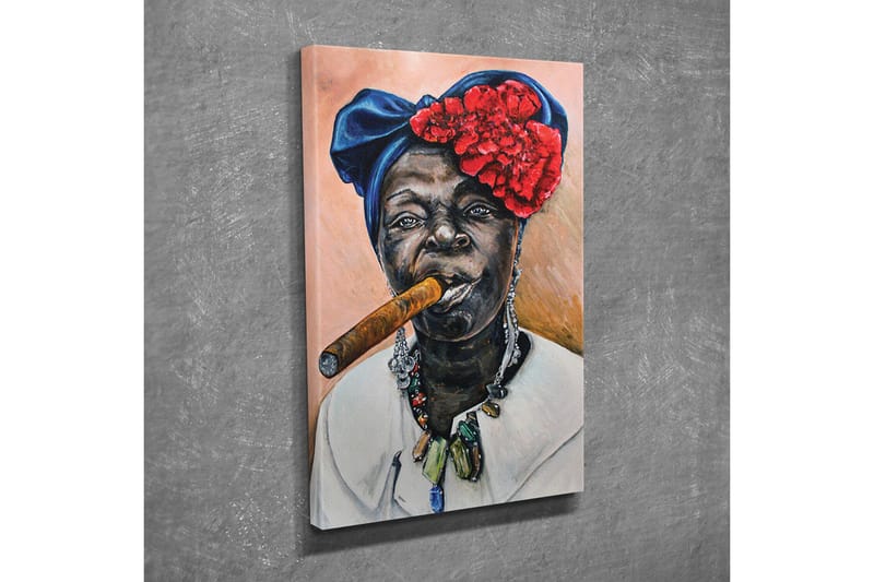 Canvas-taulu - Muotokuva naisesta sikarin ja värikkään päähineen kanssa - Tummansininen / Punainen / Ihonväri - Sisustustuotteet - Taulu & taide - Canvas-taulu