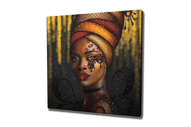 Canvas-taulu - Muotokuva naisesta värikkäässä päähineessä ja perhosissa - Kulta / Musta / Punainen - Sisustustuotteet - Taulu & taide - Canvas-taulu
