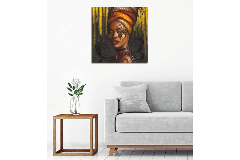 Canvas-taulu - Muotokuva naisesta värikkäässä päähineessä ja perhosissa - Kulta / Musta / Punainen - Sisustustuotteet - Taulu & taide - Canvas-taulu