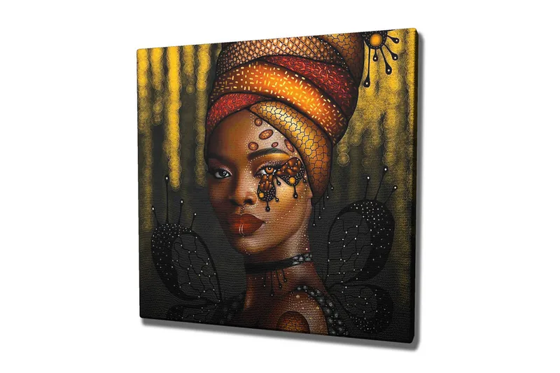 Canvas-taulu - Muotokuva naisesta värikkäässä päähineessä ja perhosissa, Kulta / Musta / Punainen