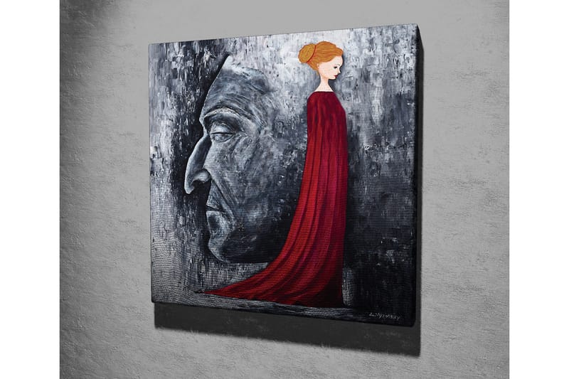 Canvas-taulu - Muotokuva naisesta punaisessa mekossa, jonka taustalla on suuri harmaa kasvoprofiili - Punainen / Harmaa / Musta - Sisustustuotteet - Taulu & taide - Canvas-taulu