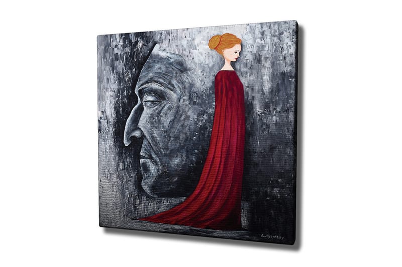 Canvas-taulu - Muotokuva naisesta punaisessa mekossa, jonka taustalla on suuri harmaa kasvoprofiili - Punainen / Harmaa / Musta - Sisustustuotteet - Taulu & taide - Canvas-taulu