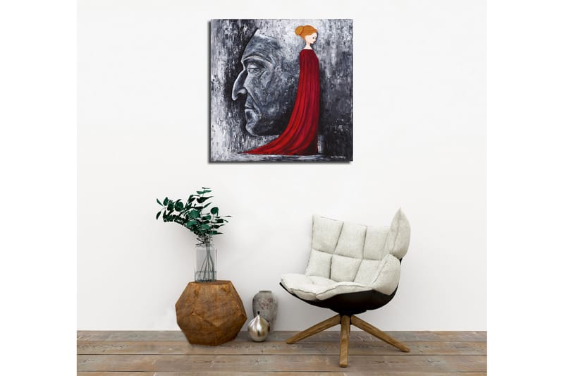 Canvas-taulu - Muotokuva naisesta punaisessa mekossa, jonka taustalla on suuri harmaa kasvoprofiili - Punainen / Harmaa / Musta - Sisustustuotteet - Taulu & taide - Canvas-taulu