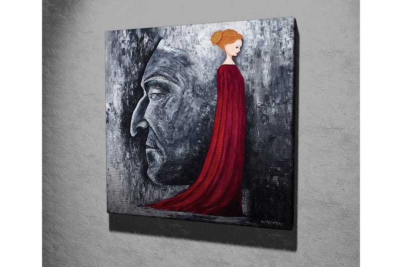 Canvas-taulu - Muotokuva naisesta punaisessa mekossa, jonka taustalla on suuri harmaa kasvoprofiili - Punainen / Harmaa / Musta - Sisustustuotteet - Taulu & taide - Canvas-taulu