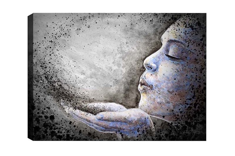 Canvas-taulu - Muotokuva naisesta puhaltamassa hiukkasia käsistään - Harmaa / Sininen / Musta - Sisustustuotteet - Taulu & taide - Canvas-taulu
