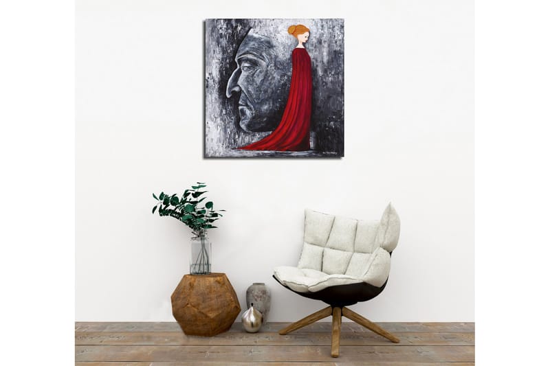 Canvas-taulu - Muotokuva naisesta punaisessa mekossa, jonka taustalla on suuri harmaa kasvoprofiili - Punainen / Harmaa / Musta - Sisustustuotteet - Taulu & taide - Canvas-taulu