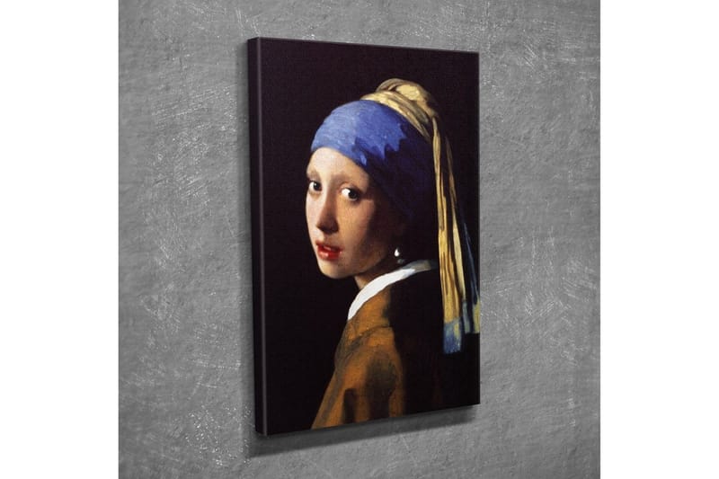 Canvas-taulu - Muotokuva nuoresta naisesta helmikorvakoru ja sininen huivi - Sininen / Beige / Musta - Sisustustuotteet - Taulu & taide - Canvas-taulu