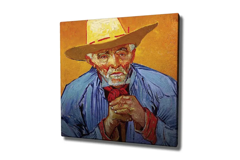 Canvas-taulu - Muotokuva vanhasta miehestä hattu päässään ja sinisessä paidassa, Keltainen / Sininen / Punainen