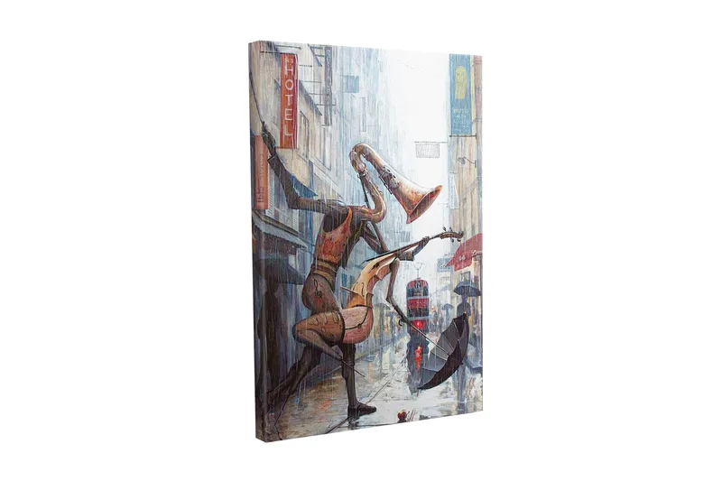 Canvas-taulu - Musiikkihahmot tanssivat sateessa kaupungin kadulla, Punainen / Ruskea / Harmaa