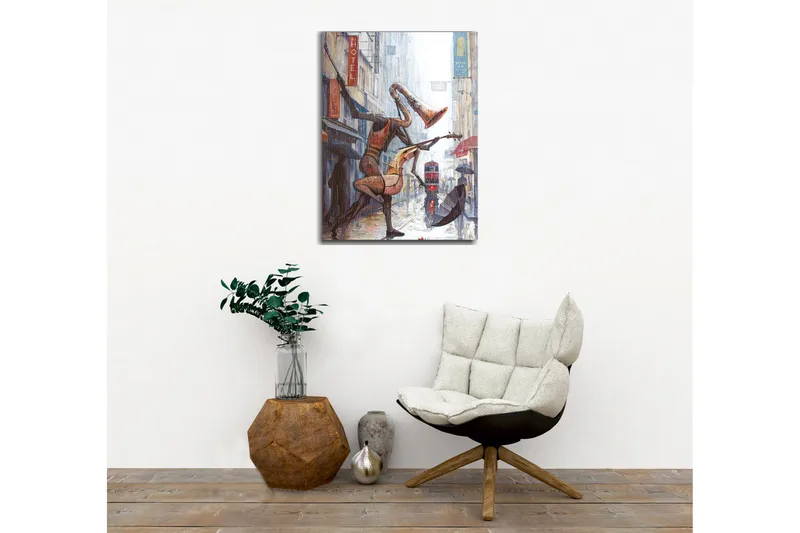 Canvas-taulu - Musiikkihahmot tanssivat sateessa kaupungin kadulla - Punainen / Ruskea / Harmaa - Sisustustuotteet - Taulu & taide - Canvas-taulu