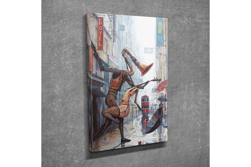 Canvas-taulu - Musiikkihahmot tanssivat sateessa kaupungin kadulla - Punainen / Ruskea / Harmaa - Sisustustuotteet - Taulu & taide - Canvas-taulu