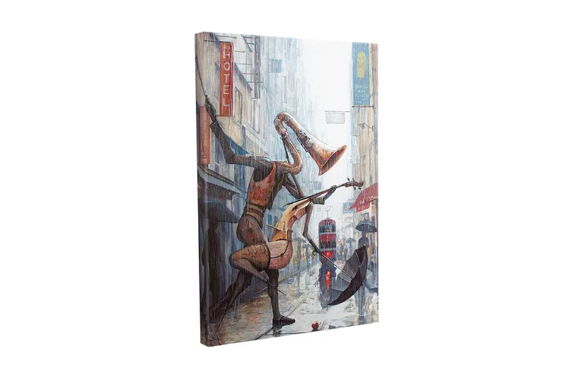 Canvas-taulu - Musiikkihahmot tanssivat sateessa kaupungin kadulla, Punainen / Ruskea / Harmaa