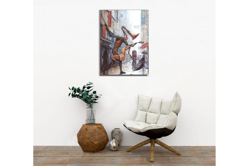 Canvas-taulu - Musiikkihahmot tanssivat sateessa kaupungin kadulla - Punainen / Ruskea / Harmaa - Sisustustuotteet - Taulu & taide - Canvas-taulu