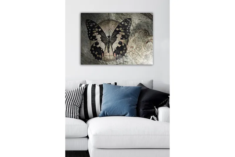Canvas-taulu - Musta perhonen kuviolla hillittyllä taustalla - Musta / Beige / Harmaa - Sisustustuotteet - Taulu & taide - Canvas-taulu