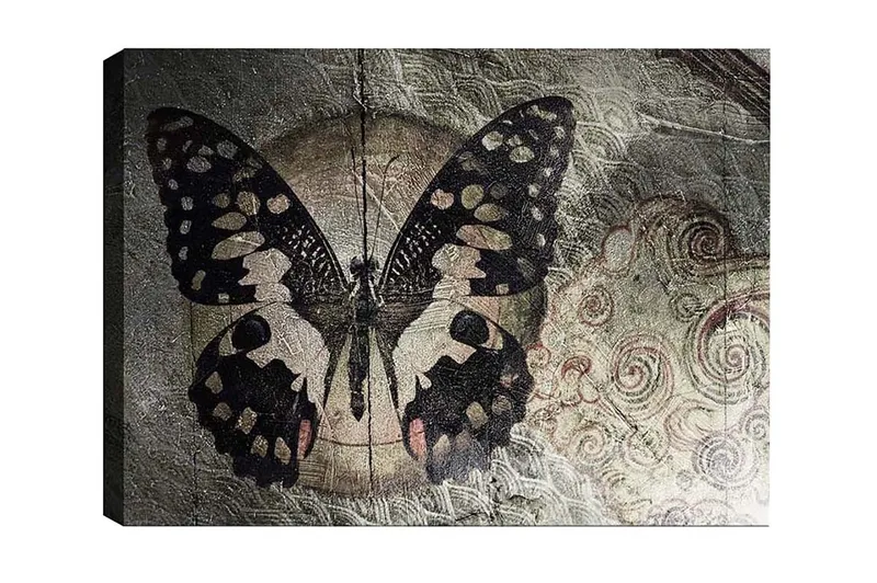 Canvas-taulu - Musta perhonen kuviolla hillittyllä taustalla, Musta / Beige / Harmaa