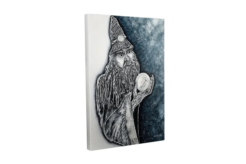 Canvas-taulu - Mysteerinen hahmo, jolla on pitkä parta ja kristallipallo, Tummansininen / Musta / Valkoinen