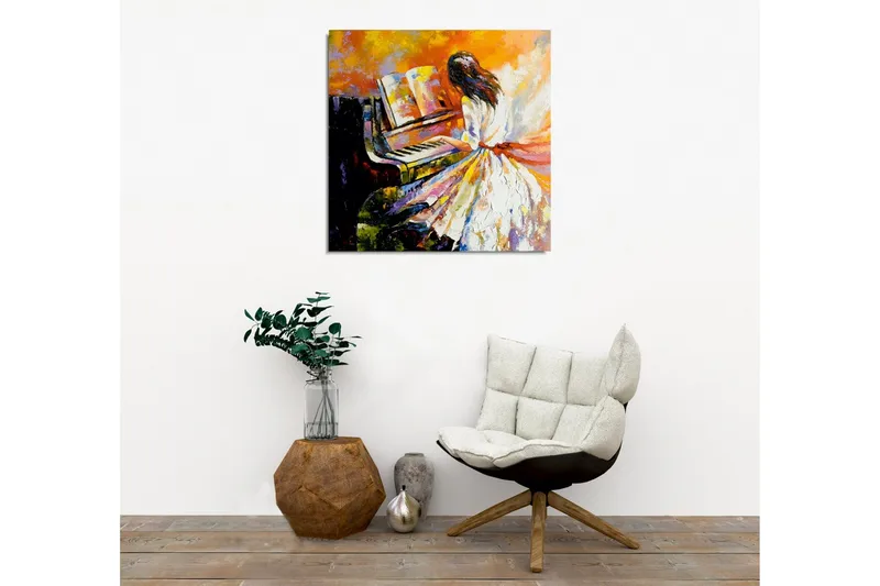 Canvas-taulu - Nainen soittaa pianoa värikkäässä ympäristössä - Oranssi / Valkoinen / Musta - Sisustustuotteet - Taulu & taide - Canvas-taulu