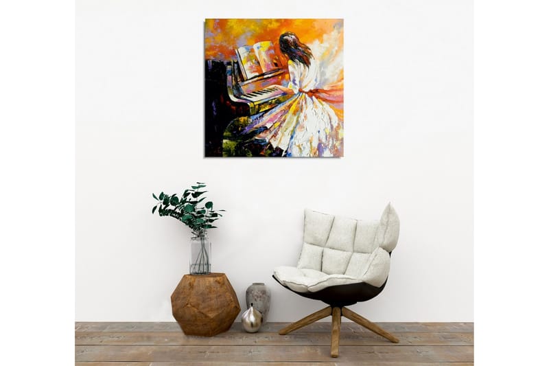 Canvas-taulu - Nainen soittaa pianoa värikkäässä ympäristössä - Oranssi / Valkoinen / Musta - Sisustustuotteet - Taulu & taide - Canvas-taulu