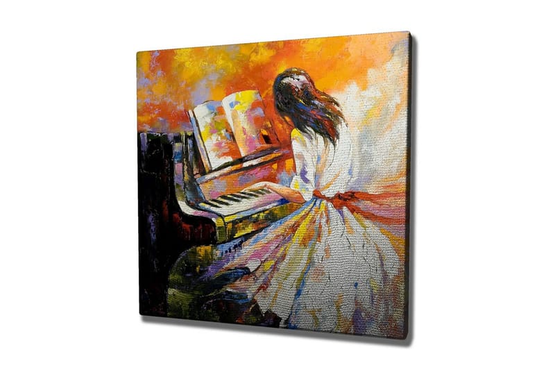 Canvas-taulu - Nainen soittaa pianoa värikkäässä ympäristössä, Oranssi / Valkoinen / Musta