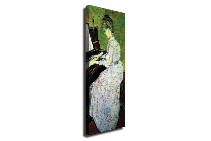 Canvas-taulu - Nainen soittaa pianoa valkoisessa mekossa, Vihreä / Valkoinen / Ruskea