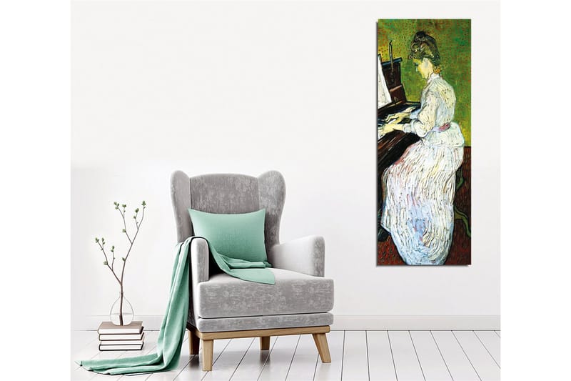 Canvas-taulu - Nainen soittaa pianoa valkoisessa mekossa - Vihreä / Valkoinen / Ruskea - Sisustustuotteet - Taulu & taide - Canvas-taulu