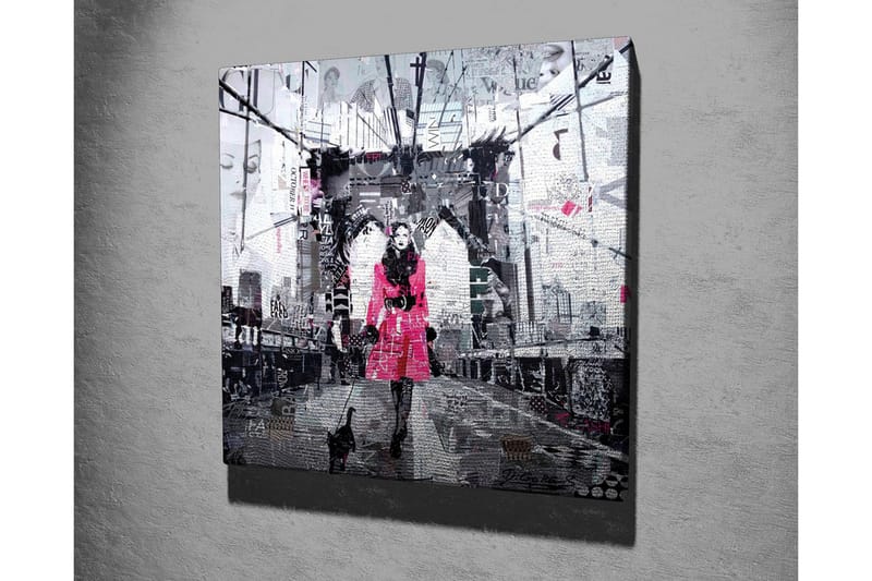 Canvas-taulu - Nainen vaaleanpunaisessa takissa kävelee kissan kanssa sillalla - Vaaleanpunainen / Musta / Harmaa - Sisustustuotteet - Taulu & taide - Canvas-taulu