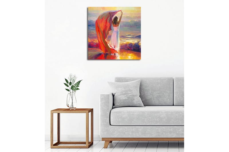 Canvas-taulu - Nainen pitelee punaista huivia meren rannalla - Punainen / Valkoinen / Sininen - Sisustustuotteet - Taulu & taide - Canvas-taulu