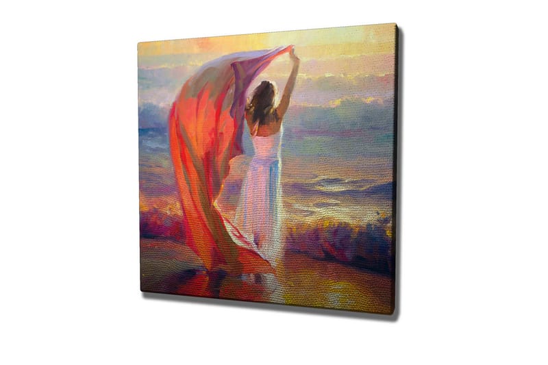 Canvas-taulu - Nainen pitelee punaista huivia meren rannalla - Punainen / Valkoinen / Sininen - Sisustustuotteet - Taulu & taide - Canvas-taulu