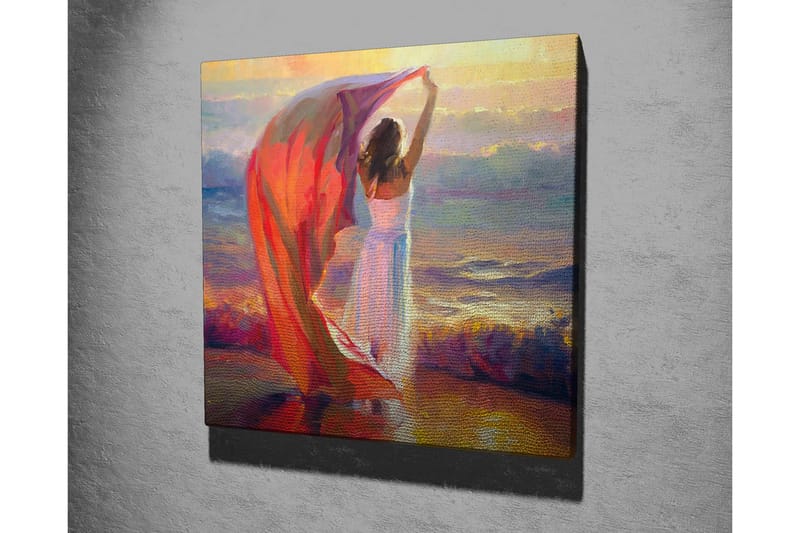 Canvas-taulu - Nainen pitelee punaista huivia meren rannalla - Punainen / Valkoinen / Sininen - Sisustustuotteet - Taulu & taide - Canvas-taulu