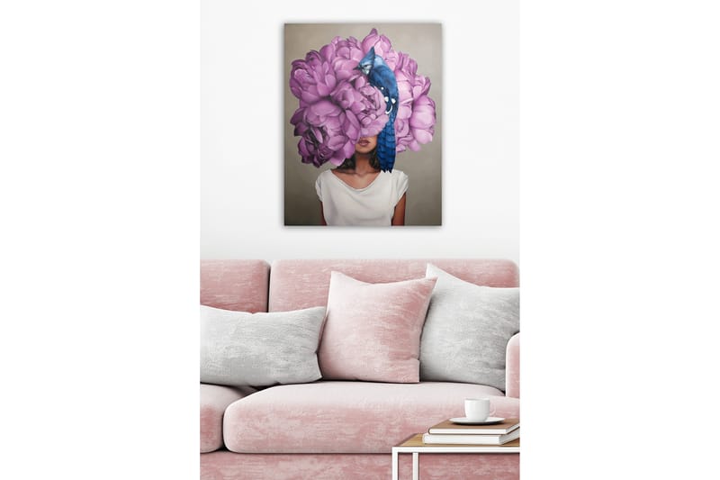 Canvas-taulu - Naisen muotokuva, jonka pääaiheena on suuri vaaleanpunaisten kukkien kimppu - Vaaleanpunainen / Sininen / Beige - Sisustustuotteet - Taulu & taide - Canvas-taulu