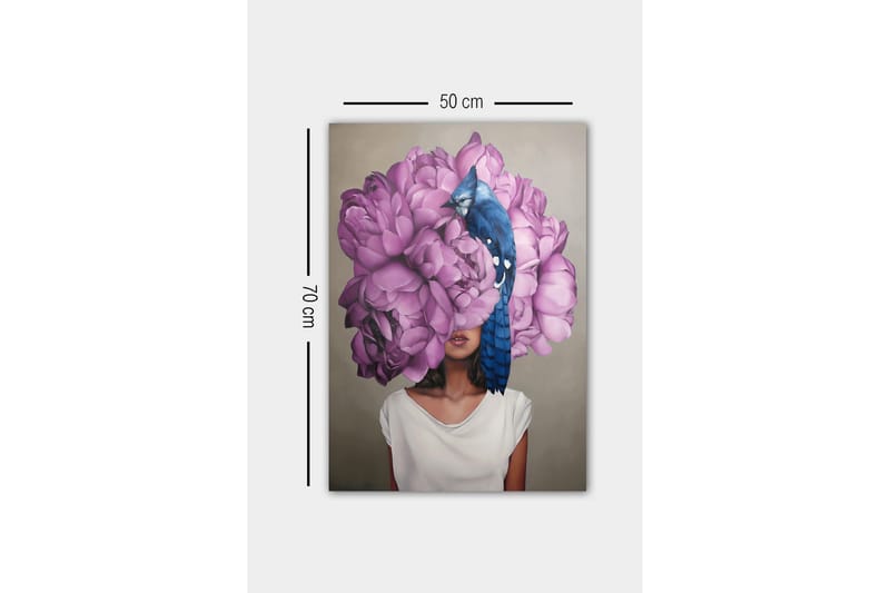 Canvas-taulu - Naisen muotokuva, jonka pääaiheena on suuri vaaleanpunaisten kukkien kimppu - Vaaleanpunainen / Sininen / Beige - Sisustustuotteet - Taulu & taide - Canvas-taulu