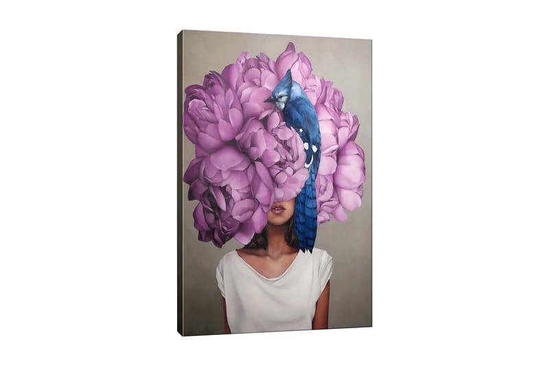 Canvas-taulu - Naisen muotokuva, jonka pääaiheena on suuri vaaleanpunaisten kukkien kimppu, Vaaleanpunainen / Sininen / Beige