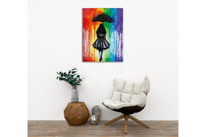 Canvas-taulu - Naisen siluetti sateenvarjon kanssa värikästä taustaa vasten - Musta / Punainen / Vihreä - Sisustustuotteet - Taulu & taide - Canvas-taulu