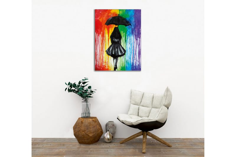 Canvas-taulu - Naisen siluetti sateenvarjon kanssa värikästä taustaa vasten - Musta / Punainen / Vihreä - Sisustustuotteet - Taulu & taide - Canvas-taulu