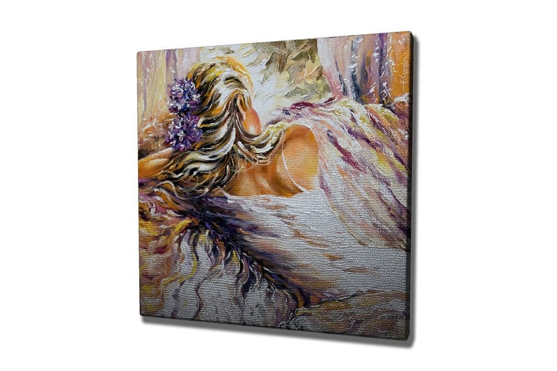 Canvas-taulu - Naishahmo, jonka hiuksissa on kukkia, lepää pehmeässä ympäristössä - Violetti / Beige / Valkoinen - Sisustustuotteet - Taulu & taide - Canvas-taulu