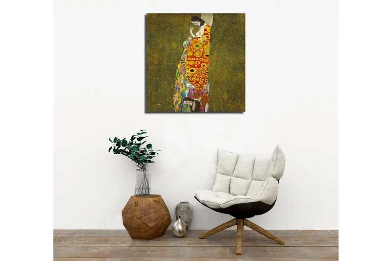 Canvas-taulu - Naishahmo värikkäässä mekossa, koristeltu ympyröillä ja kukilla - Punainen / Keltainen / Vihreä - Sisustustuotteet - Taulu & taide - Canvas-taulu