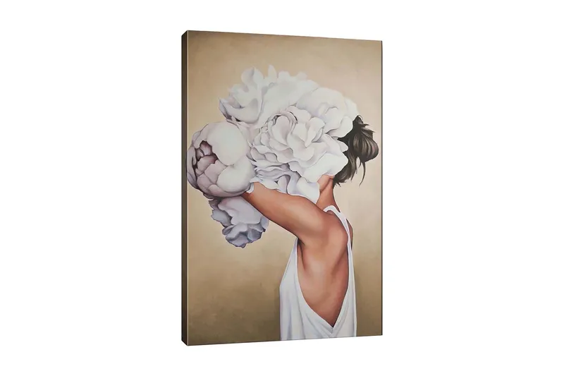 Canvas-taulu - Naissiluetti, jonka kasvoja peittävät suuret valkoiset kukat, Valkoinen / Beige / Vaaleanpunainen